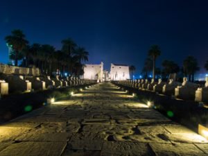 Image of the Avenue of Ram Headed Sphinxes at night. The entrance to the Luxor Temple is lit up in the background.