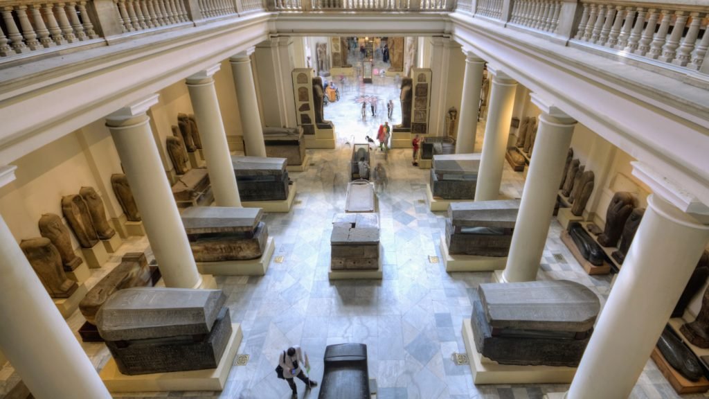 Image of the hall of sarcophagi inside the Cairo Musuem.