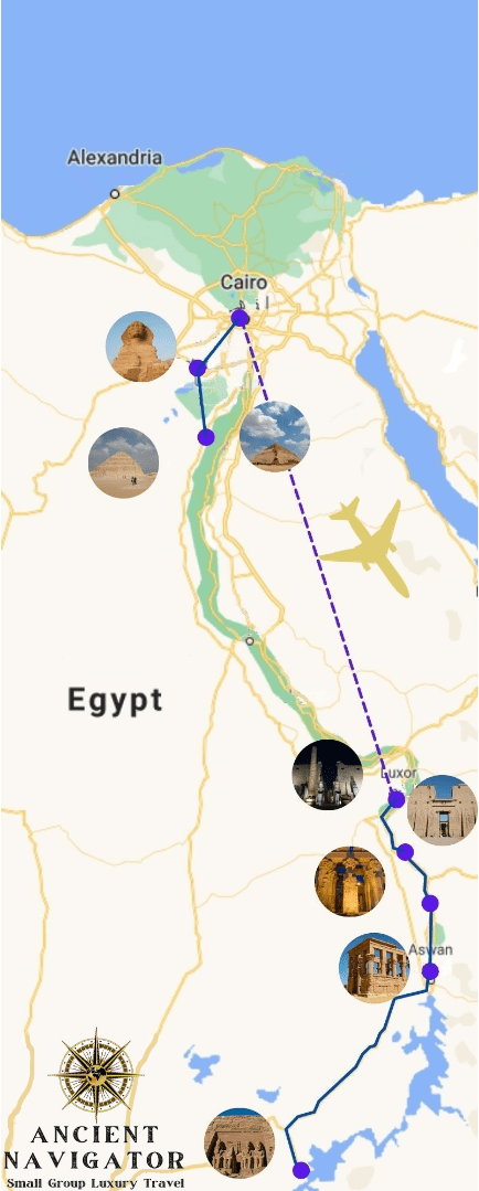 Map of Egypt with highlight photos of the major touring sites for Ancient Navigator